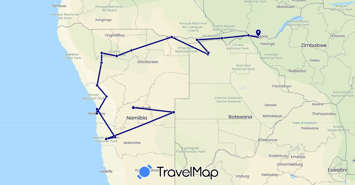 TravelMap itinerary: driving in Botswana, Namibia, Zimbabwe (Africa)